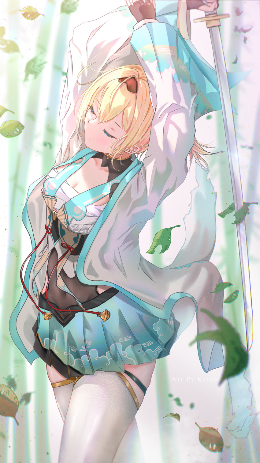 1girl absurdres arms_up blonde_hair breasts chest_sarashi cleavage closed_eyes covered_navel fingerless_gloves gloves highres hololive japanese_clothes katana kayjae kazama_iroha kimono leaf sarashi solo sword thighhighs virtual_youtuber weapon white_legwear zettai_ryouiki