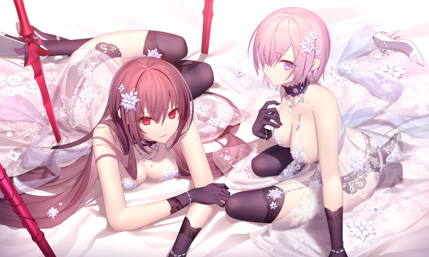 2girls absurdres anklet arm_support artoria_pendragon_(fate) artoria_pendragon_(lancer_alter)_(fate) artoria_pendragon_(lancer_alter)_(fate)_(cosplay) ass babydoll bangs bare_shoulders black_panties blush bracelet breasts choker cleavage commentary_request cosplay craft_essence_(fate) eyebrows_visible_through_hair fate/grand_order fate_(series) gae_bolg_(fate) garter_belt glasses gloves hair_between_eyes hair_over_one_eye hand_on_own_chest high_heels highres jewelry large_breasts lingerie long_hair looking_at_viewer lying mash_kyrielight mashima_saki_(mashimasa) multiple_girls navel necklace on_stomach open_mouth panties pink_hair purple_eyes purple_hair red_eyes revealing_clothes revision royal_icing scathach_(fate) see-through short_hair sitting smile thighhighs underwear very_long_hair white_footwear yokozuwari