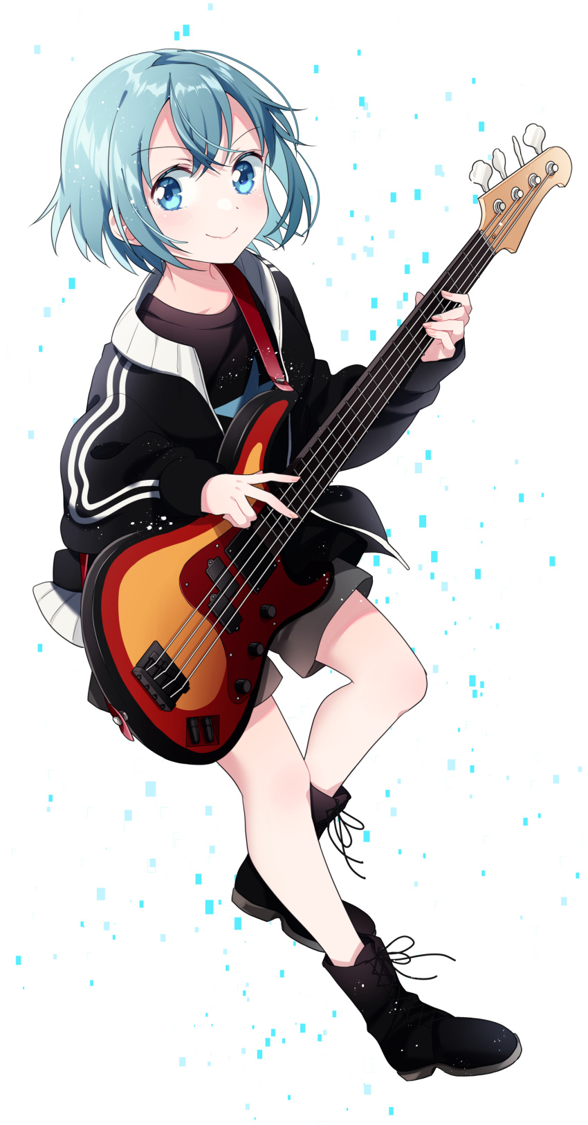 1girl absurdres alternate_costume ankle_boots ayumaru_(art_of_life) bare_legs bass_guitar black_footwear black_jacket black_shirt blue_eyes blue_hair boots closed_mouth colored_eyelashes cross-laced_footwear dot_nose double_vertical_stripe eyebrows_visible_through_hair facing_viewer fingernails flat_chest full_body glitch grey_shorts hair_between_eyes highres instrument jacket knee_up light_blush light_particles mahou_shoujo_madoka_magica miki_sayaka open_clothes open_jacket shiny shiny_hair shirt short_hair shorts sideways_glance simple_background solo star_(symbol) star_print white_background