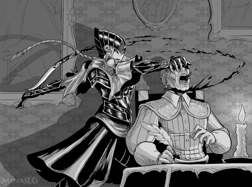 1boy 1girl armor assassination blood candle cape covered_face dark_souls_(series) dark_souls_i decapitation full_armor greyscale highres lord's_blade_ciaran menaslg monochrome murder plume weapon writing