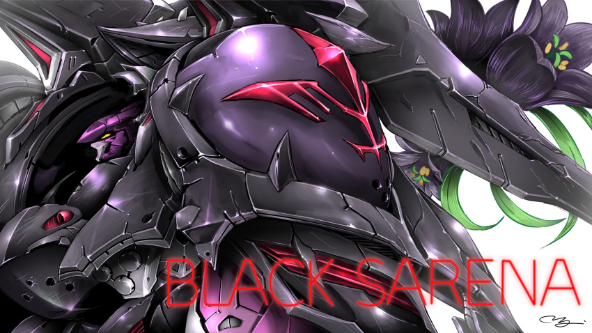 aestivalis black_flower black_selena character_name commission denjyou23 flower from_side highres kidou_senkan_nadesico kidou_senkan_nadesico_-_prince_of_darkness looking_ahead mecha no_humans science_fiction skeb_commission spoilers white_background yellow_eyes