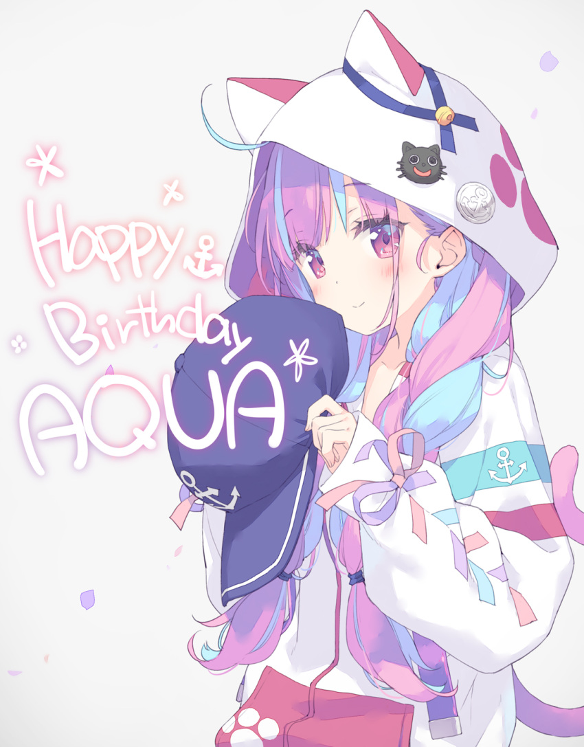 1girl ahoge anchor_symbol animal_ears animal_hood bangs baseball_cap blue_hair blue_headwear blush braid cat_ears cat_hood cat_tail closed_mouth commentary_request eyebrows_visible_through_hair fake_animal_ears grey_background hair_over_shoulder happy_birthday hat hat_removed headwear_removed highres holding holding_clothes holding_hat hololive hood hood_up hooded_jacket jacket kani_biimu long_hair long_sleeves looking_at_viewer minato_aqua multicolored_hair neko_(minato_aqua) pink_hair puffy_long_sleeves puffy_sleeves purple_eyes simple_background sleeves_past_wrists smile solo streaked_hair tail twin_braids two-tone_hair upper_body very_long_hair virtual_youtuber white_jacket