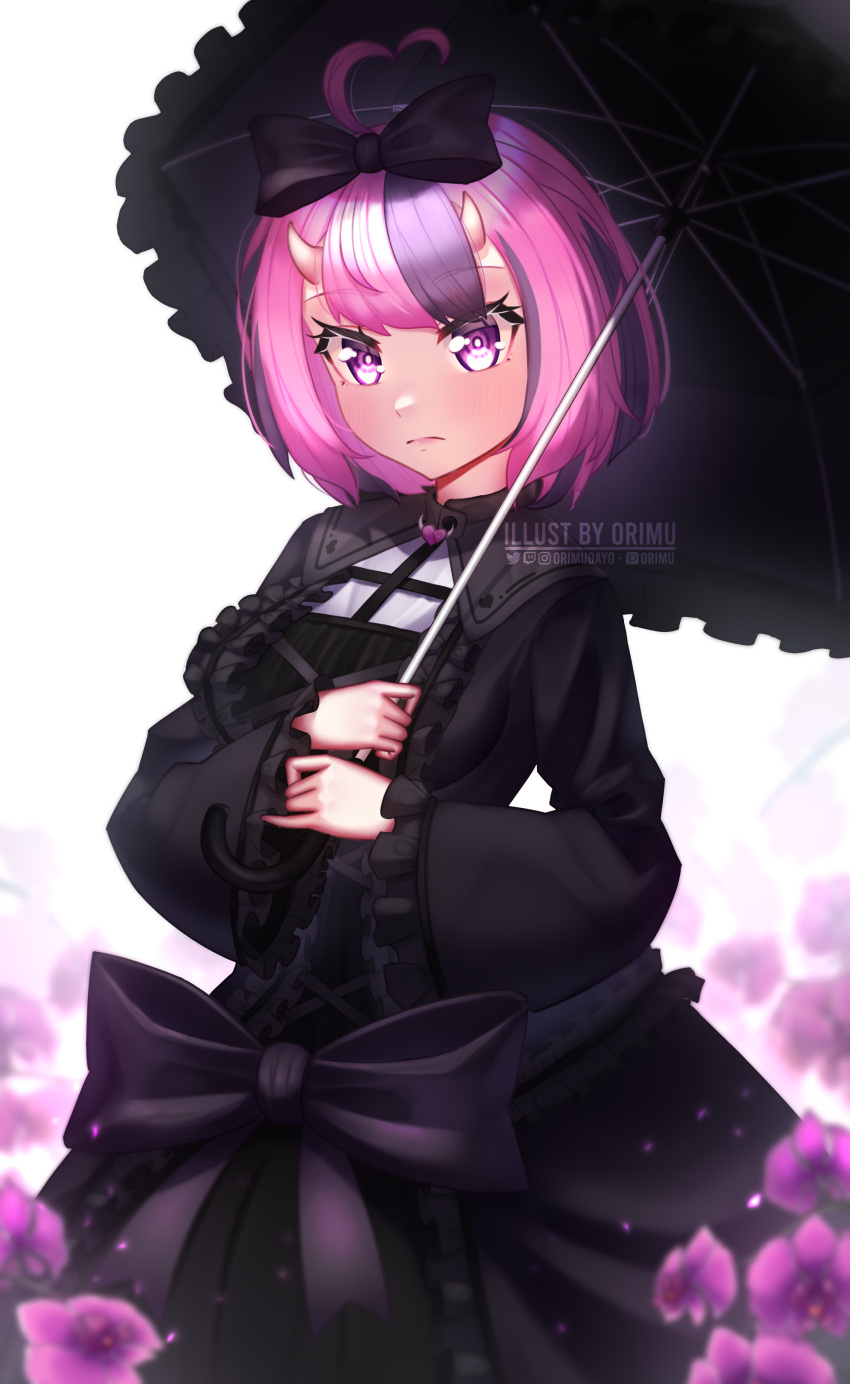 1girl absurdres ahoge artist_name black_dress black_umbrella bow bow_hair_ornament breasts commentary dress english_commentary eye_contact eyes_visible_through_hair flower gothic_lolita heart_ahoge highres horns ironmouse lolita_fashion looking_at_another looking_at_viewer medium_breasts multicolored_hair oni orimu pink_eyes pink_flower pink_hair purple_hair short_hair streaked_hair umbrella virtual_youtuber vshojo white_background