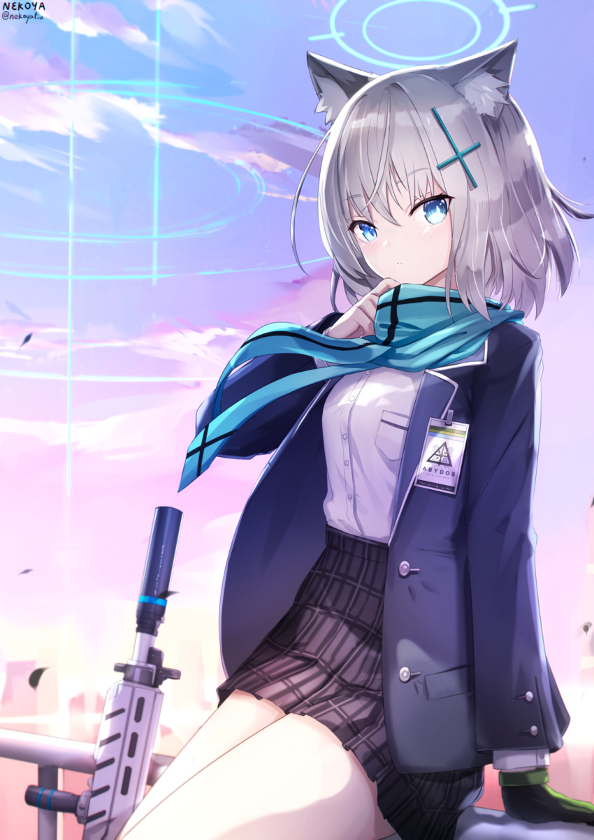 1girl animal_ear_fluff animal_ears assault_rifle bangs black_gloves black_skirt blazer blue_archive blue_eyes blue_jacket blue_scarf breasts cat_ears cloud commentary eyebrows_visible_through_hair gloves grey_hair gun hair_ornament halo hand_up highres jacket long_sleeves looking_at_viewer nekoya_(liu) open_clothes open_jacket outdoors pleated_skirt revision rifle scarf school_uniform shiroko_(blue_archive) shirt sig_sauer sig_sauer_556 signature single_glove skirt sky small_breasts solo sunset twitter_username weapon white_shirt