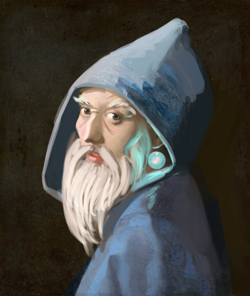 1boy beard commentary earrings english_commentary facial_hair fine_art_parody girl_with_a_pearl_earring glowing grey_eyes highres hood hooded_robe jewelry legendarium long_beard looking_at_viewer male_focus meme mustache old old_man orb palantir parody parted_lips pondering_my_orb_(meme) robe saruman solo upper_body white_hair wizard xavierck3d