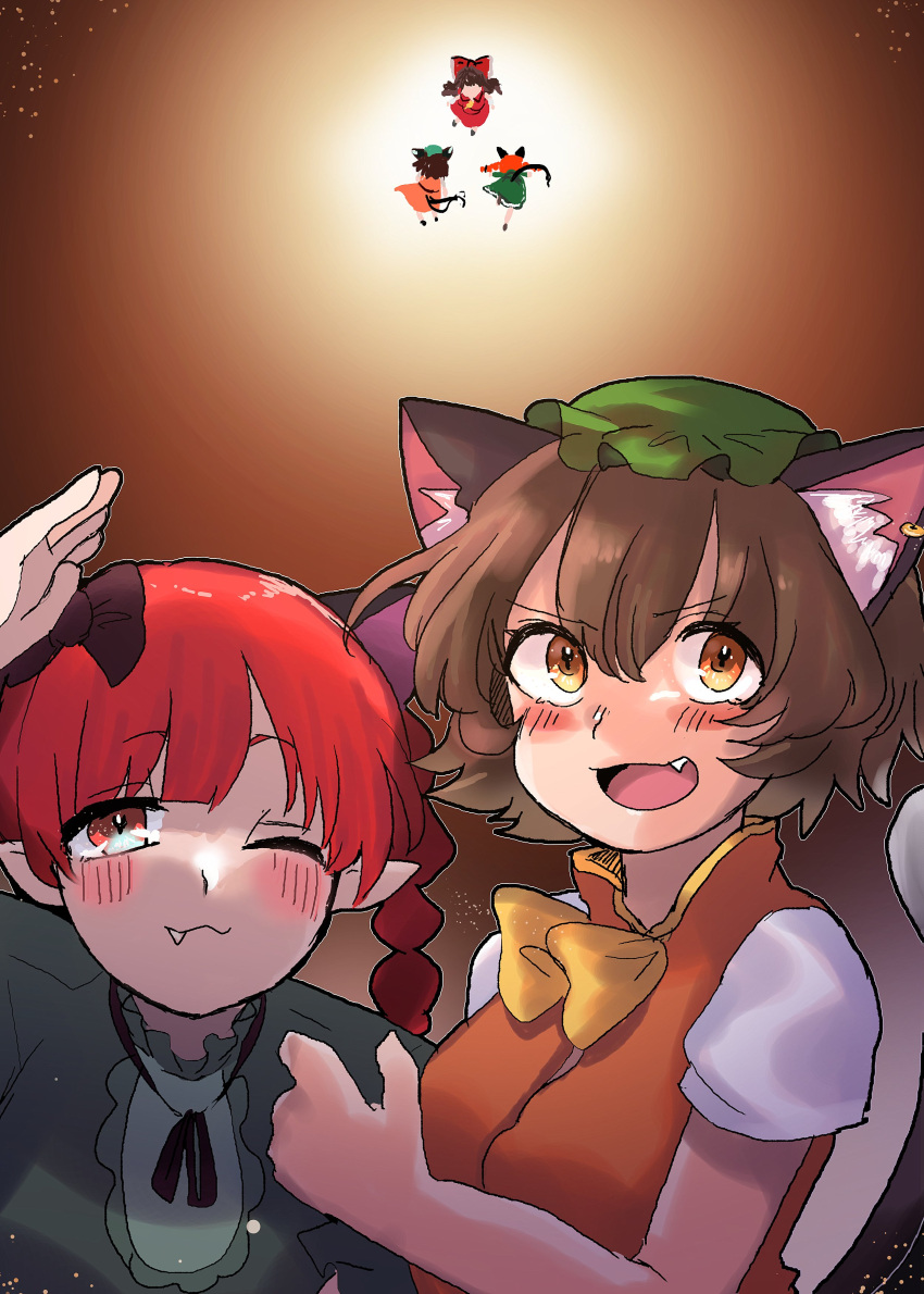 3girls :3 absurdres animal_ear_fluff animal_ears blush bow braid brown_hair cat_ears cat_tail chen dress ear_piercing extra_ears fang friends gradient gradient_background green_dress green_headwear hakurei_reimu height_difference highres kaenbyou_rin multiple_girls multiple_tails nekomata one_eye_closed open_mouth piercing playing pointy_ears purupurutamago45 red_hair short_hair simple_background slit_pupils tail touhou twin_braids two_tails yellow_eyes