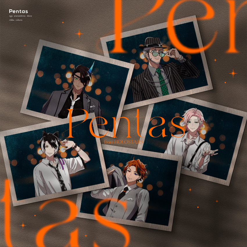 5boys absurdres album_cover alternate_costume animal_ears aragami_oga arurandeisu bangs barcode barcode_tattoo beard black_hair black_jacket black_necktie black_shirt bracelet chain character_name closed_mouth cover dress_shirt ear_piercing earrings eyebrows_behind_hair eyepatch facial_hair formal green_eyes green_necktie grey_hair grey_jacket grey_necktie grey_shirt grey_vest hair_intakes hand_on_eyewear hand_up handkerchief hat heterochromia highres holding holding_clothes holding_jacket holostars horns ice_horns jacket jacket_on_shoulders jewelry kageyama_shien lens_flare long_sleeves looking_at_viewer male_focus mole mole_under_eye multicolored_hair multiple_boys multiple_rings nagosan necktie official_art one_eye_covered orange_eyes orange_hair parted_hair parted_lips photo_(object) piercing pink_hair polka_dot_neckwear purple_eyes rikka_(holostars) ring shirt short_sleeves single_horn slit_pupils smile striped striped_jacket stud_earrings suit tattoo tinted_eyewear two-tone_hair upper_body vertical-striped_jacket vertical_stripes vest virtual_youtuber watch white_hair white_necktie white_shirt wristband wristwatch yellow_eyes yukoku_roberu