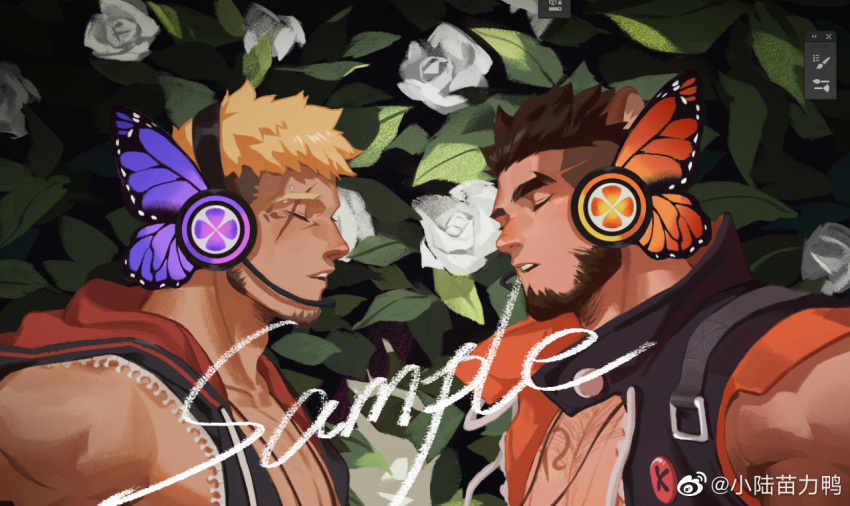 2boys alca animal_ears bara bare_shoulders beard black_hair blonde_hair brown_hair butterfly_hair_ornament chest_hair chest_tattoo closed_eyes commission dark-skinned_male dark_skin eye_contact facial_hair flower from_side goatee gyee hair_ornament headphones hood hood_down hoodie jacket large_pectorals lion_boy lion_ears looking_at_another magnet_(vocaloid) male_focus mature_male multicolored_hair multiple_boys muscular muscular_male music open_clothes open_jacket original pectoral_cleavage pectorals romg sample scar scar_across_eye scar_on_cheek scar_on_face short_hair sideburns sidepec singing sleeveless sleeveless_hoodie spiked_hair tattoo thick_eyebrows two-tone_hair undercut white_flower xiaolumiaoliya yaoi zipper