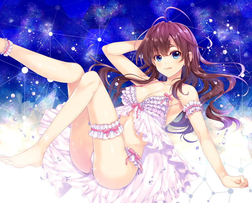 1girl ahoge alpha_(yukai_na_nakamatachi) ankle_garter arm_garter arm_support arm_up ass babydoll bangs bare_shoulders blue_background blue_eyes blush breasts brown_hair cleavage collarbone commentary_request feet frills hair_between_eyes highres hip_focus ichinose_shiki idolmaster idolmaster_cinderella_girls knee_up leg_garter leg_up legs licking_lips long_hair looking_at_viewer medium_breasts navel panties sitting smile solo tongue tongue_out underwear wavy_hair white_panties