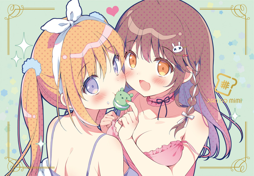 2girls :d bangs bare_shoulders blonde_hair blush bra braid breasts brown_eyes brown_hair camisole cleavage collarbone commentary eyebrows_visible_through_hair feeding floral_background food frilled_camisole green_background hair_between_eyes heart holding holding_food long_hair looking_at_viewer looking_back macaron medium_breasts multiple_girls off_shoulder original pan_(mimi) pink_camisole polka_dot purple_bra purple_eyes shirt single_braid smile strap_slip twintails underwear upper_body white_shirt