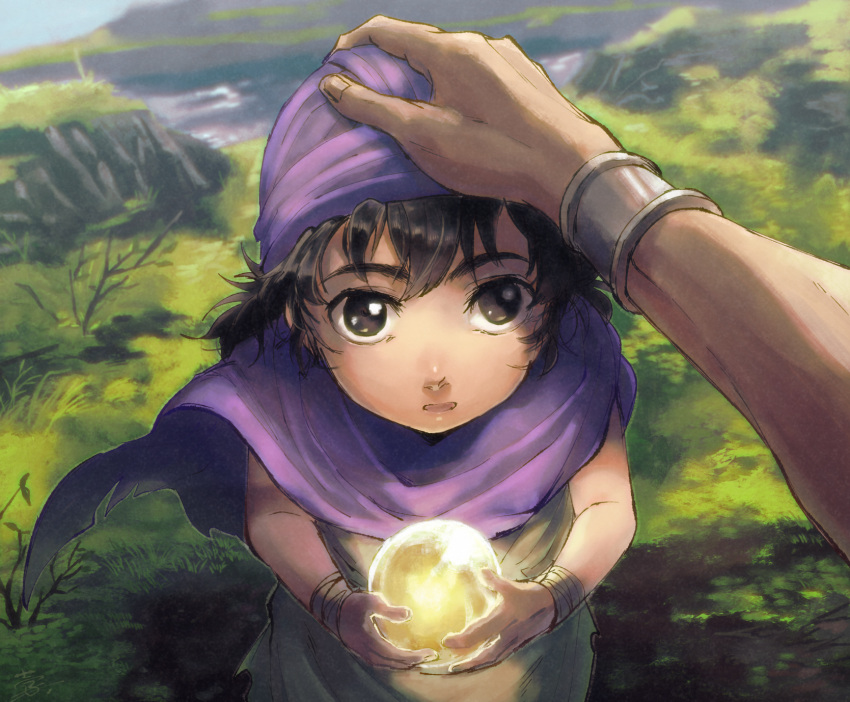 1boy black_hair bracer brown_eyes cape child dragon_quest dragon_quest_v face father_and_son glowing hat headpat hemeru hero_(dq5) highres holding_orb long_hair looking_up orb outdoors pov solo_focus