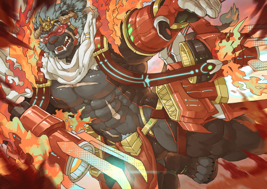 1boy abs alternate_costume bara bulge claw_(weapon) covered_nipples curled_horns demon_king_fish dutch_angle fangs furry furry_male grey_fur highres horns krampus_(housamo) large_pectorals long_sideburns male_focus medium_hair muscular muscular_male navel orange-framed_eyewear pectoral_cleavage pectorals pelvic_curtain scar scar_across_eye scarf sideburns skindentation solo stomach sunglasses thick_eyebrows thick_thighs thighs tokyo_afterschool_summoners weapon weapon_request white_scarf