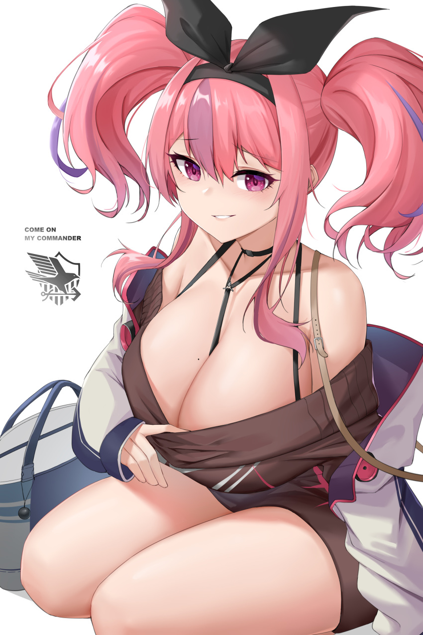 1girl absurdres azur_lane bare_shoulders black_choker black_ribbon black_straps breasts bremerton_(azur_lane) bremerton_(day-off_date)_(azur_lane) brown_sweater choker cleavage clothes_pull commentary_request dress eagle_union_(emblem) hair_between_eyes hair_ribbon highres huge_breasts jacket kafeifeifeifeifeifei_jiemo_jun long_hair looking_at_viewer mole mole_on_breast off-shoulder_dress off_shoulder official_alternate_costume open_clothes open_jacket pink_hair pulled_by_self purple_eyes purple_hair ribbon simple_background sitting solo sweater sweater_dress sweater_pull twintails white_background white_bag white_jacket