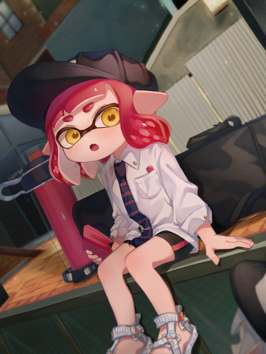 1girl :o absurdres akr_tmr bag bangs baseball_cap bike_shorts black_headwear black_shorts blunt_bangs blurry blurry_background blurry_foreground cellphone commentary depth_of_field dot_nose dress_shirt duffel_bag dutch_angle fang foot_dangle hat highres holding holding_phone ink_tank_(splatoon) inkling long_sleeves looking_at_viewer necktie on_floor phone pointy_ears red_hair sandals shirt short_hair shorts single_vertical_stripe sitting sleeves_folded_up smartphone solo_focus splatoon_(series) splatoon_2 symbol-only_commentary tentacle_hair tie_clip white_footwear white_shirt wing_collar yellow_eyes