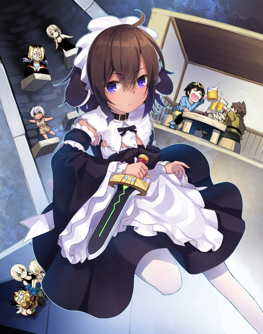 absurdres animal_ears beer_mug brown_hair collar cup dagger detached_sleeves dog_ears dragon_suzuki highres knife lazy_dungeon_master maid_headdress mug multiple_boys multiple_girls nanaroku_(fortress76) niku_kuroinu nishimi_wataru purple_eyes weapon