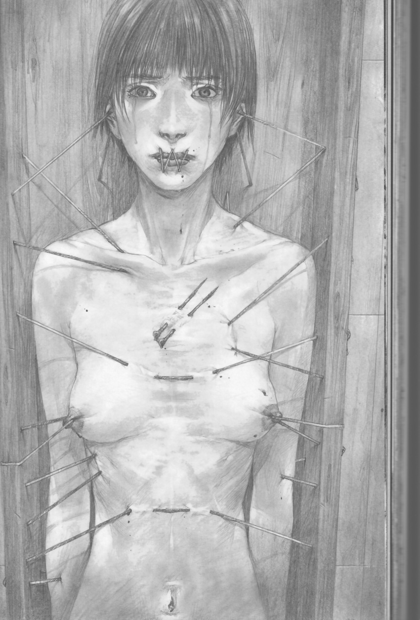 blood box breasts girl_in_a_box guro highres hiroaki_samura in_box in_container monochrome navel nipples nude pencil realistic scan short_hair solo tears torture