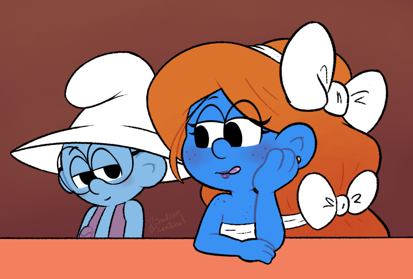 2019 anthro archivist_smurf blue_skin blush clothing female humanoid invalid_tag licking licking_lips male mammal ribbons sexy_smurf size_difference smurf soulcentinel tanned the_smurfs tongue tongue_out