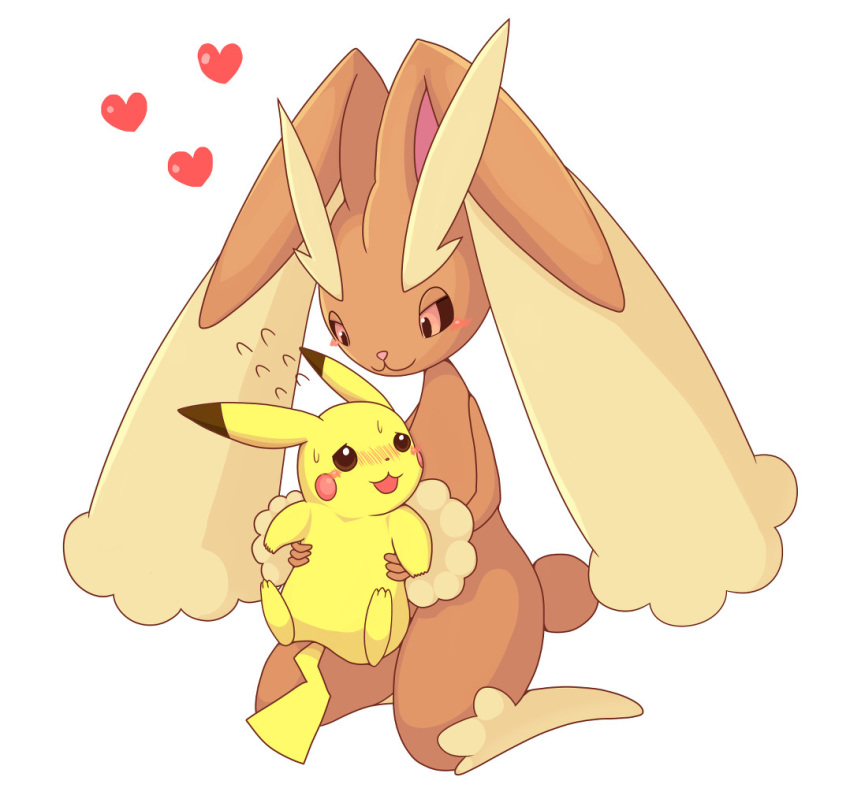 &lt;3 2018 ambiguous_gender anthro blush brown_eyes brown_fur duo feral fur holding_character kneeling lopunny mochitig nintendo nude open_mouth pikachu pink_eyes pink_nose pok&eacute;mon pok&eacute;mon_(species) romantic_couple simple_background size_difference video_games white_background yellow_fur