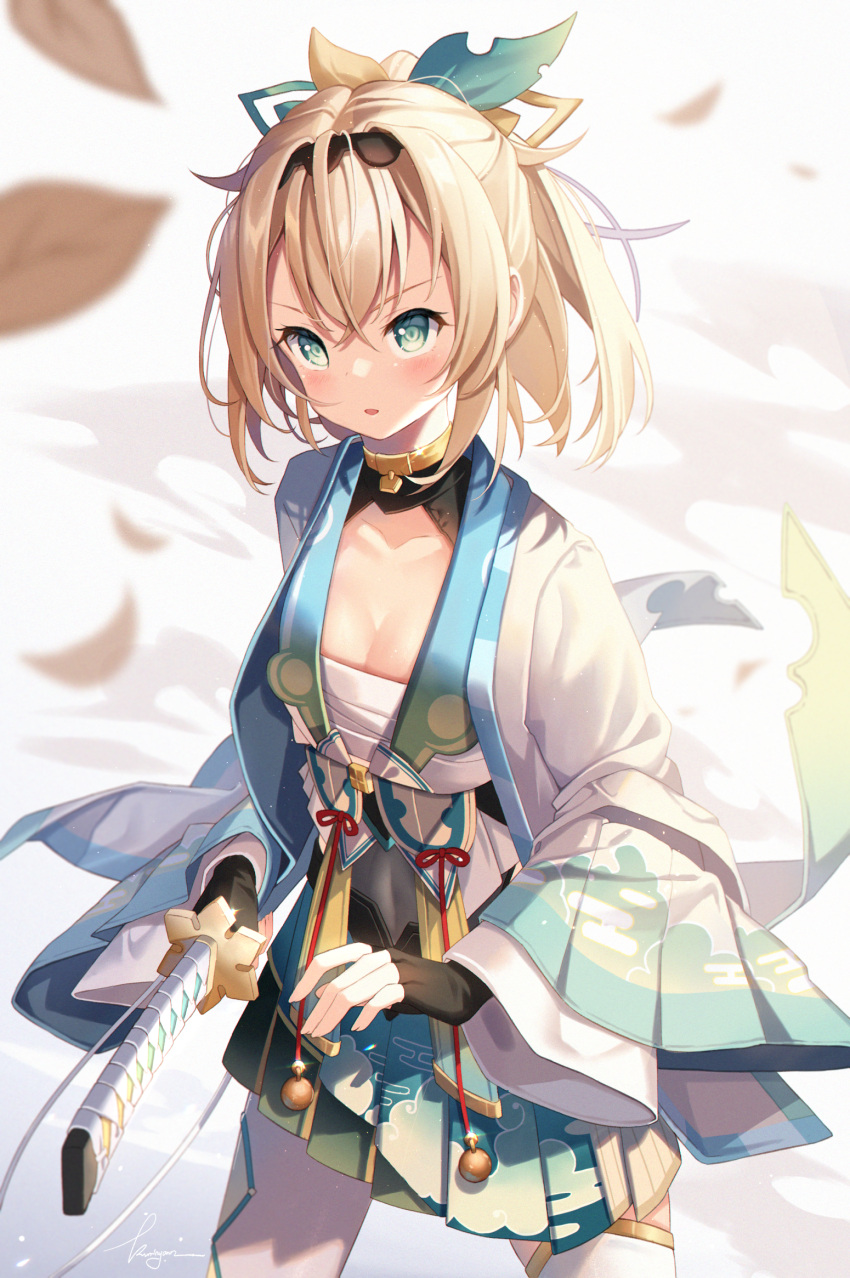 1girl bangs black_gloves black_hairband blonde_hair blue_skirt blush breasts commentary_request cowboy_shot fingerless_gloves gloves green_eyes hair_between_eyes hairband haori highres holding holding_sword holding_weapon hololive japanese_clothes kazama_iroha kuri_(animejpholic) leaf long_sleeves looking_up medium_breasts parted_lips pleated_skirt print_skirt sarashi short_hair signature skirt solo standing sword thighhighs v-shaped_eyebrows virtual_youtuber weapon white_legwear wind