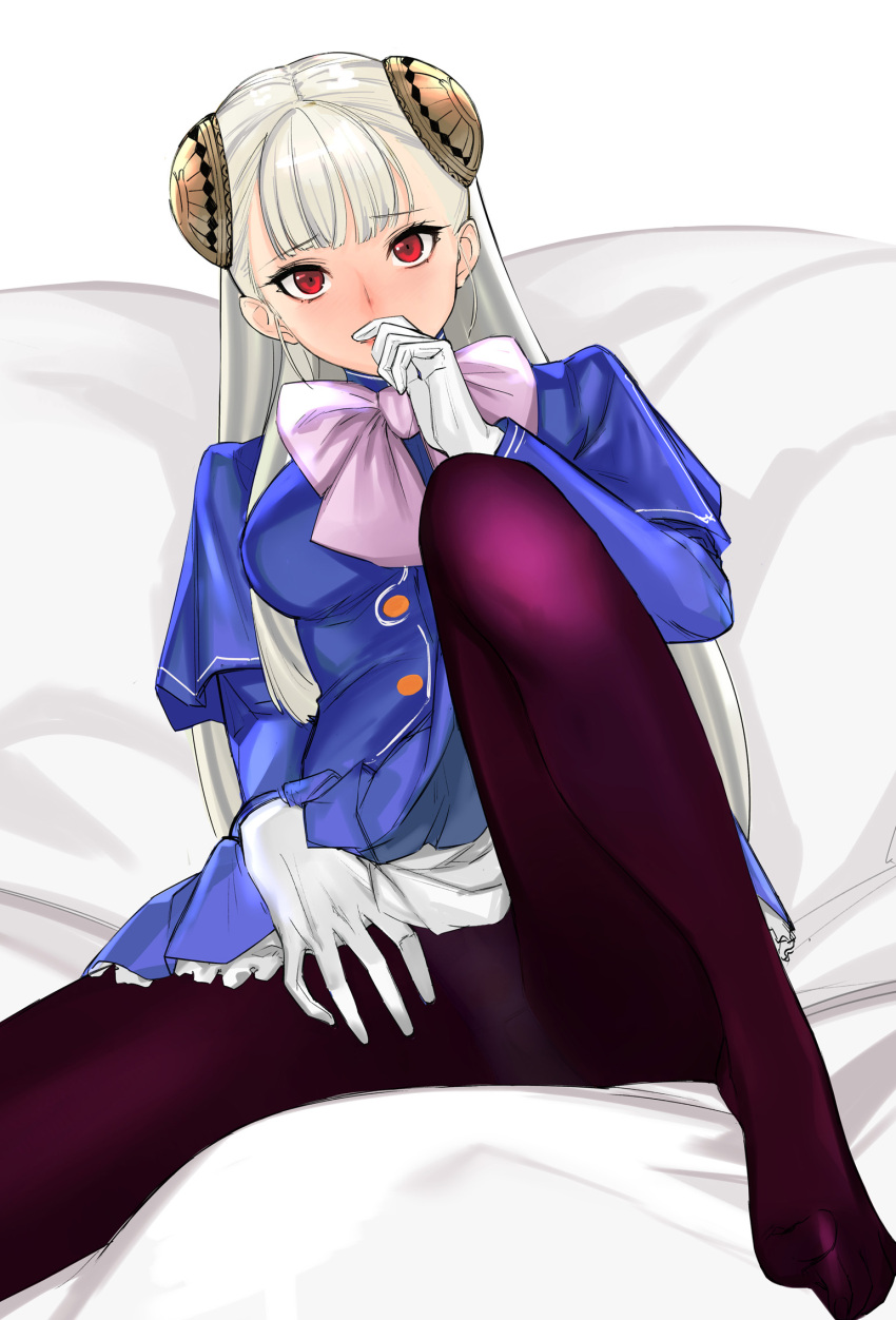 1girl albino blue_dress capcom_fighting_jam commentary_request covering_mouth dress hairpods hand_over_own_mouth highres ingrid_(capcom) long_hair no_shoes panties panties_under_pantyhose pantyhose pink_ribbon platinum_blonde_hair pleated_skirt purple_legwear red_eyes ribbon skirt solo tetsu_(kimuchi) underskirt underwear
