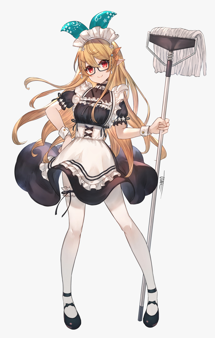 1girl alternate_costume apron bespectacled black_dress blonde_hair breasts commentary contrapposto dress enmaided flower framed_breasts frilled_apron frills full_body glasses green_ribbon hair_flower hair_ornament hair_ribbon hairclip hand_on_hip highres holding holding_mop jun_wei legs long_hair looking_at_viewer maid maid_apron maid_headdress mary_janes medium_breasts mop nijisanji nijisanji_en pointy_ears pomu_rainpuff puffy_sleeves red_eyes ribbon shoes signature smile solo standing thighhighs virtual_youtuber white_background white_legwear wrist_cuffs