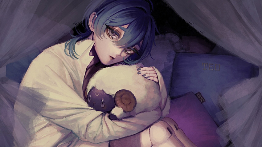 1girl animal_hug black_eyes blue_hair collared_shirt copyright_request doll_joints hair_between_eyes highres joints kamato_il long_hair long_sleeves looking_at_viewer sheep shirt solo upper_body white_shirt