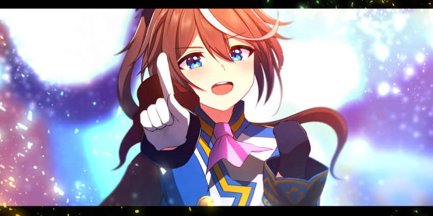 1girl :d ascot bangs blue_eyes blue_gloves blurry blurry_background blush brown_hair choco_(chocovix112) commentary_request depth_of_field eyebrows_visible_through_hair gloves hair_between_eyes highres jacket letterboxed long_hair looking_at_viewer multicolored_hair outstretched_arm pink_neckwear pointing ponytail smile solo streaked_hair teeth tokai_teio_(umamusume) umamusume upper_body upper_teeth very_long_hair white_gloves white_hair white_jacket