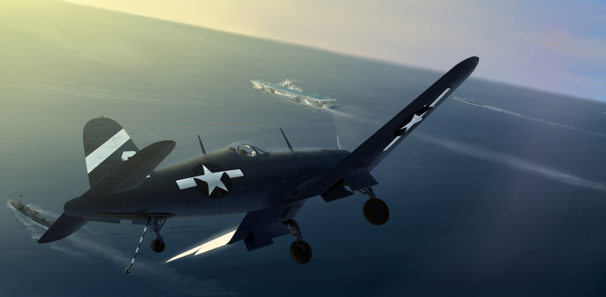 aircraft aircraft_carrier airplane dazzle_paint destroyer f4u_corsair highres military military_vehicle mo_yu_de_jiaozi ocean original roundel ship star_(symbol) united_states_navy warship water watercraft wheel world_war_ii