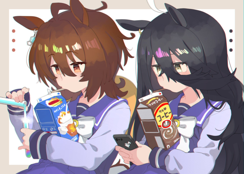 ... 2girls agnes_tachyon_(umamusume) ahoge animal_ears bangs black_hair border brown_border brown_eyes brown_hair carton cellphone coffee_milk collagen drinking drinking_straw earrings hair_between_eyes highres holding holding_phone horse_ears jewelry long_hair long_sleeves looking_at_phone looking_down manhattan_cafe_(umamusume) medium_hair multiple_girls outside_border phone purple_shirt purple_skirt sailor_collar shiny shiny_hair shirt single_earring skirt smartphone steam test_tube translated umamusume upper_body yellow_eyes yukijirushi