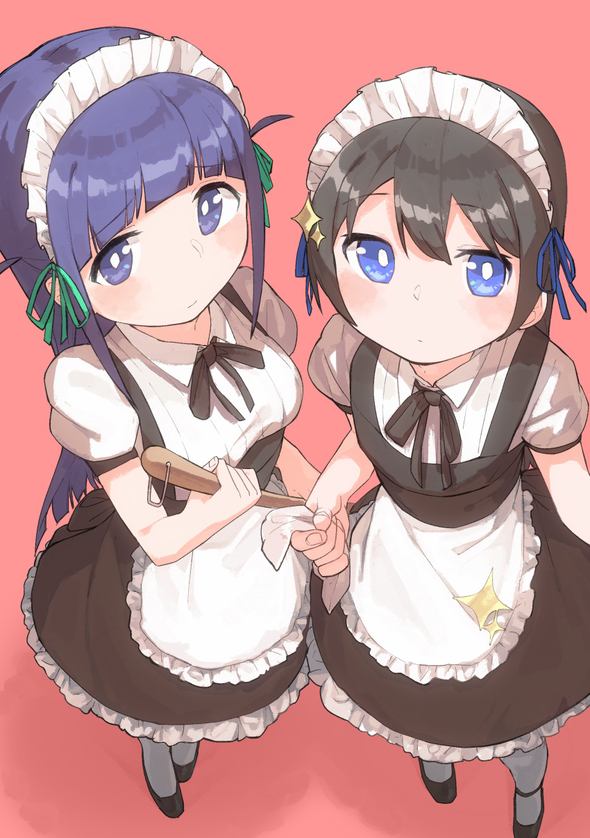 2girls absurdres alternate_costume apron bangs black_dress black_footwear black_hair black_ribbon blue_eyes blue_ribbon blunt_bangs blunt_ends blush breasts bright_pupils broom closed_mouth collared_shirt commentary dress enmaided eyebrows_visible_through_hair frilled_apron frilled_dress frills from_above goe_(g-o-e) green_ribbon hair_ornament hair_ribbon hand_up highres holding holding_broom kagura_hikari long_hair looking_at_viewer looking_up maid maid_headdress medium_breasts multiple_girls neck_ribbon pantyhose pinafore_dress puffy_short_sleeves puffy_sleeves purple_eyes purple_hair rag red_background ribbon shirt shoes short_sleeves shoujo_kageki_revue_starlight sidelocks simple_background sparkle_hair_ornament standing tsuyuzaki_mahiru very_long_hair waist_apron white_apron white_legwear white_pupils white_shirt