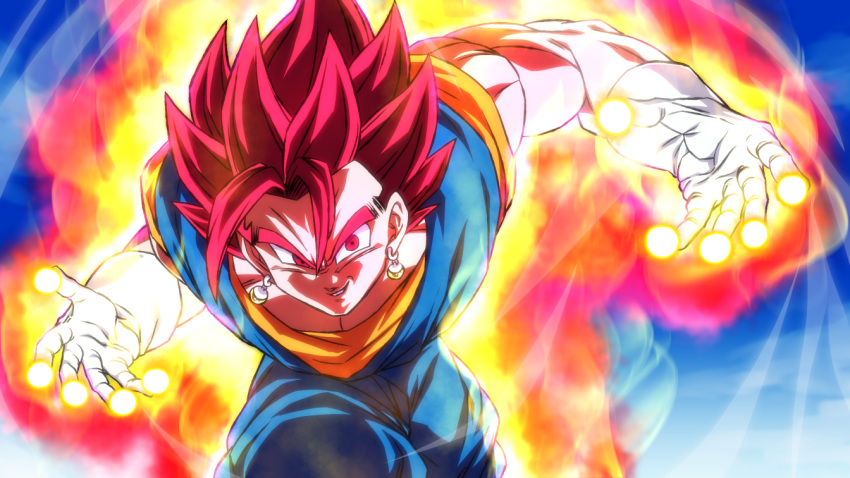 1boy aura blue_sky dougi dragon_ball dragon_ball_super earrings gloves jewelry looking_at_viewer male_focus potara_earrings red_eyes red_hair rom_(20) sky smile smirk solo spiked_hair super_saiyan super_saiyan_god vegetto white_gloves