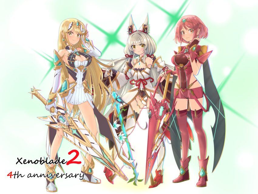 aegis_sword_(xenoblade) animal_ears bangs bare_legs bare_shoulders black_gloves blonde_hair breasts catalyst_scimitar chest_jewel cleavage cleavage_cutout clothing_cutout detached_sleeves dress earrings elbow_gloves facial_mark fingerless_gloves gloves highleg highleg_leotard highres jewelry large_breasts leotard long_hair low_twintails mythra_(xenoblade) nia_(blade)_(xenoblade) nia_(xenoblade) pyra_(xenoblade) red_eyes red_hair red_legwear red_shorts short_dress short_hair short_shorts shorts silver_hair small_breasts sofusan1526 swept_bangs sword thigh_strap thighhighs tiara twintails very_long_hair weapon white_dress white_footwear white_gloves xenoblade_chronicles_(series) xenoblade_chronicles_2 yellow_eyes