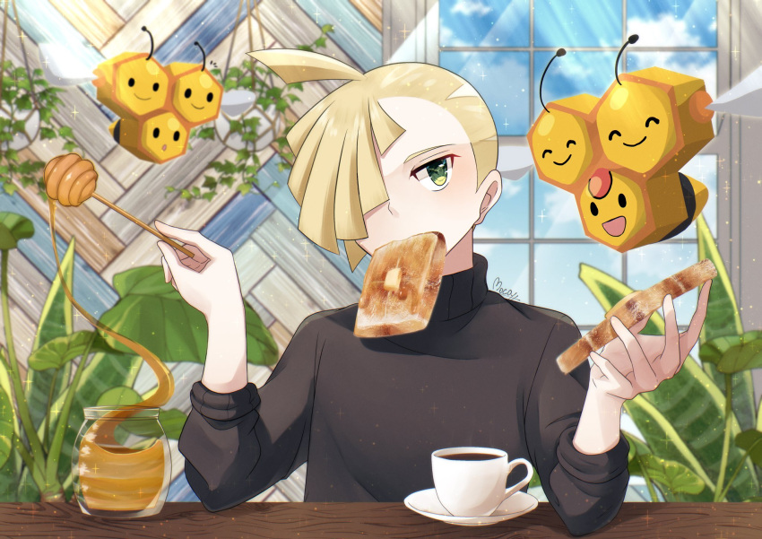 1boy ahoge alternate_costume bangs blonde_hair butter cloud combee commentary_request cup day food food_in_mouth gladion_(pokemon) green_eyes hair_over_one_eye highres holding honey honey_dipper looking_at_viewer male_focus mocacoffee_1001 mouth_hold pokemon pokemon_(creature) pokemon_(game) pokemon_sm pot saucer short_hair signature sky sparkle table teacup toast toast_in_mouth window