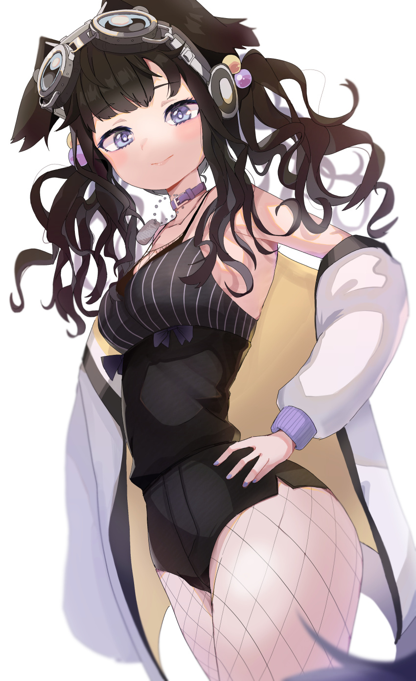 1girl absurdres animal_ears armpits black_hair blue_archive blush breasts cleavage collar commentary dog_ears dog_tags dog_tail fishnet_legwear fishnets gari_gari_1 goggles goggles_on_head halo hibiki_(blue_archive) highres jacket medium_breasts pantyhose simple_background tail white_background