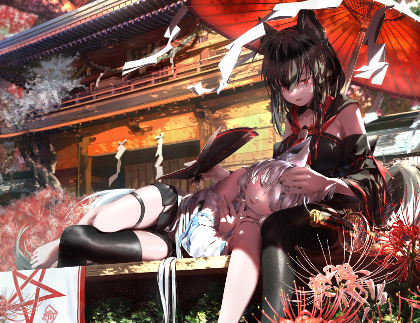 2girls absurdres animal_ear_fluff animal_ears architecture bangs barefoot black_hair black_legwear black_nails black_shirt boots building closed_eyes commentary_request day detached_sleeves east_asian_architecture fang flower fox_ears fox_girl fox_tail hair_between_eyes hand_on_another's_knee headpat highres hololive kurokami_fubuki lap_pillow long_hair long_sleeves looking_at_another lying multiple_girls nail_polish oil-paper_umbrella on_side outdoors parted_lips red_eyes red_flower shirakami_fubuki shirt silver_hair single_thighhigh sitting skin_fang sleeping spider_lily sword tail thigh_boots thighhighs umbrella virtual_youtuber weapon white_shirt yorishiro_tsuki