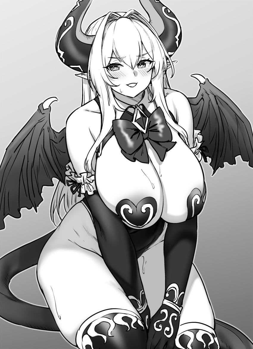 1girl bangs bare_shoulders blush bow breasts cattleya_(houtengeki) demon_girl demon_horns demon_tail demon_wings detached_collar greyscale hair_intakes heart_pasties highleg highleg_leotard highres horns houtengeki large_breasts leotard long_hair looking_at_viewer monochrome open_mouth original pasties pointy_ears sidelocks smile solo tail thighhighs thighs wings