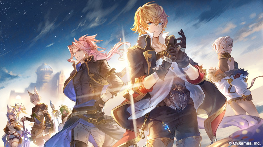 3boys 3girls adjusting_clothes adjusting_gloves animal_ears backlighting bandaged_arm bandages bangs belt black_gloves black_jacket black_pants blonde_hair braid chain clothes_around_waist cloud commentary_request company_name cropped_jacket dark-skinned_female dark_skin diffraction_spikes erune feather_(granblue_fantasy) fiorito_(granblue_fantasy) frown fur-trimmed_jacket fur_trim gloves granblue_fantasy green_eyes green_hair hand_on_hip holding holding_staff jacket kolulu_(granblue_fantasy) long_hair looking_at_viewer multiple_boys multiple_girls observatory off_shoulder official_art outdoors pants parted_bangs pink_hair polearm ponytail popped_collar purple_hair randall_(granblue_fantasy) shirt short_hair sideways_glance smile spear staff star_(sky) sword tikoh troue_(granblue_fantasy) turtleneck weapon white_hair white_jacket white_shirt