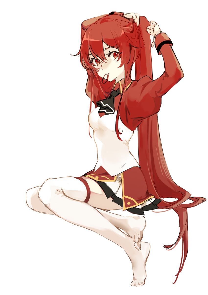 1girl 71pen adjusting_hair arms_behind_head arms_up ascot bangs black_ascot breasts commentary_request elesis_(elsword) elsword eyebrows_visible_through_hair free_knight_(elsword) hair_between_eyes hair_tie hair_tie_in_mouth hand_in_hair highres juliet_sleeves long_hair long_sleeves looking_at_viewer miniskirt mouth_hold ponytail puffy_sleeves red_eyes red_hair red_shirt shirt sidelocks simple_background sitting skirt small_breasts solo thighhighs two-tone_shirt tying_hair very_long_hair white_background white_legwear white_shirt white_skirt zettai_ryouiki