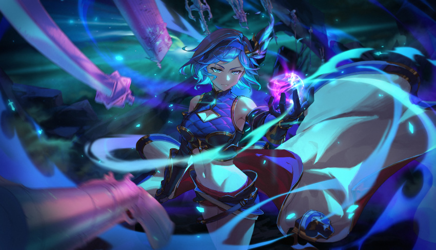 1girl absurdres armpit_crease bangs bare_shoulders belt blue_eyes blue_hair breasts cape cape_removed claw_(weapon) cleavage cleavage_cutout closed_mouth clothing_cutout cowboy_shot crop_top debris djeeta_(granblue_fantasy) elbow_gloves floating floating_object floating_weapon gloves granblue_fantasy guider_to_the_eternal_edge gun hair_ornament hairband handgun highres instrument katana koto_(instrument) limi26 medium_breasts navel open_hand outstretched_arm pistol polearm red_shorts rock short_hair short_shorts shorts solo spear sword turtleneck vambraces weapon white_cape