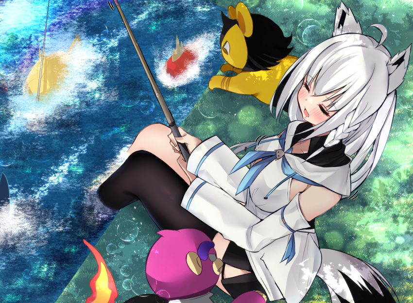 1girl ahoge alternate_color animal_ear_fluff animal_ears bangs black_legwear black_shorts blue_neckerchief blush braid closed_eyes commentary_request crossover detached_sleeves drooling eyebrows_visible_through_hair fire fishing_rod fox_ears fox_girl fox_tail hair_between_eyes highres holding holding_fishing_rod hololive hood hoodie long_hair luxio magikarp mi_taro333 monferno neckerchief open_mouth outdoors pokemon pokemon_(creature) pokemon_(game) pokemon_bdsp shiny_pokemon shirakami_fubuki short_shorts shorts sidelocks single_braid single_thighhigh sitting sleeping tail thighhighs virtual_youtuber wading water white_hair white_hoodie