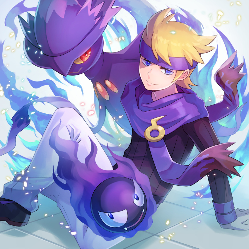 1boy arm_support bangs black_footwear black_sweater blonde_hair blue_eyes closed_mouth commentary gastly highres long_sleeves male_focus mismagius morty_(pokemon) pants pokemon pokemon_(creature) pokemon_(game) pokemon_hgss purple_headband purple_scarf ribbed_sweater scarf shoes short_hair sitting smile sweater white_pants zeroki_(izuno)