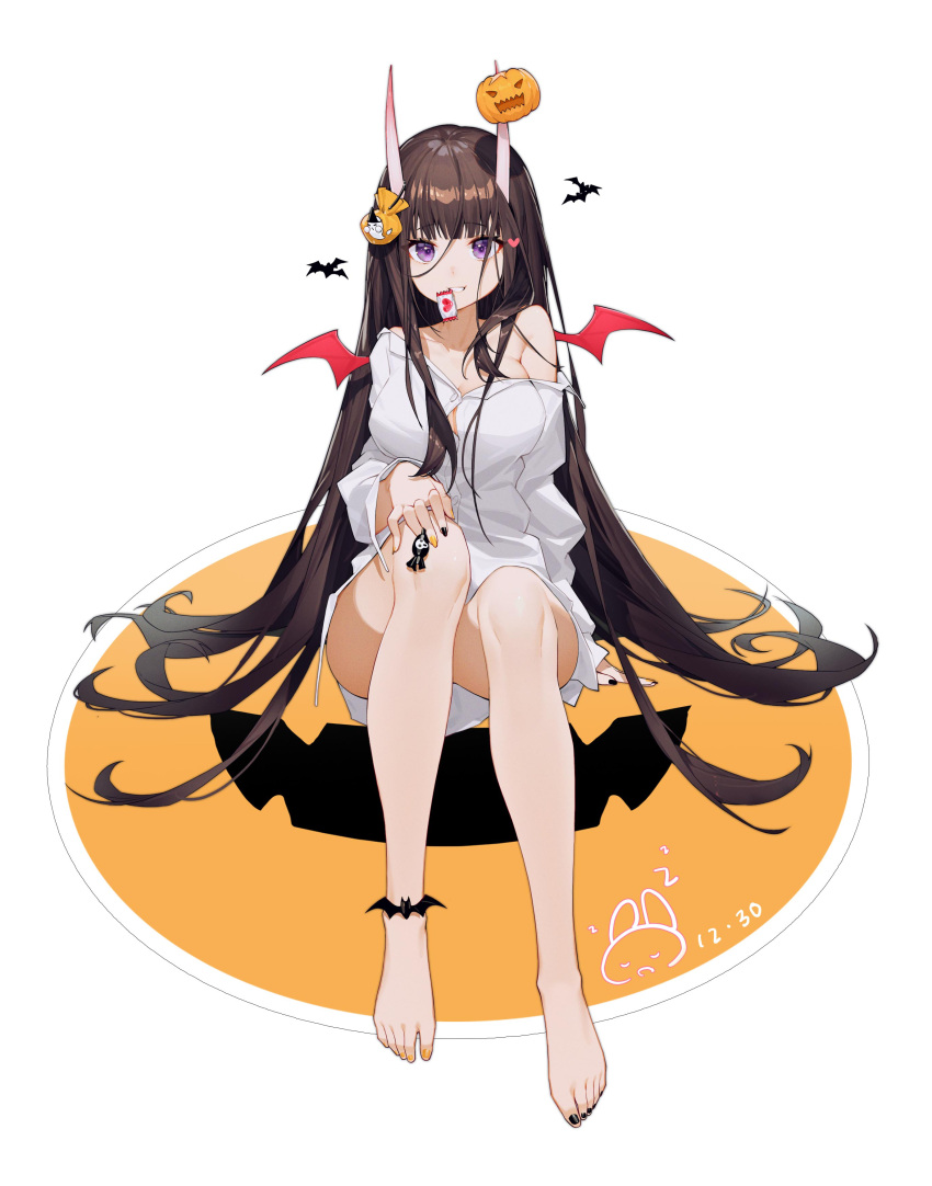 1girl absurdres anklet armpit_crease azur_lane bangs barefoot bat_wings black_hair black_nails blunt_bangs bottomless breasts candy cleavage collarbone collared_shirt commentary_request dated eyebrows_visible_through_hair feet food grin halloween highres hime_cut horns jack-o'-lantern_ornament jewelry large_breasts long_hair long_sleeves looking_at_viewer multicolored_nails nail_polish no_bra no_panties noshiro_(azur_lane) noshiro_(cozy_enclave)_(azur_lane) off_shoulder oni_horns orange_nails purple_eyes shirt skin-covered_horns smile solo tangdouji_(machine) teeth toenail_polish toenails toes very_long_hair white_shirt wings