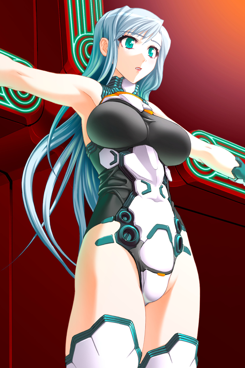 1girl aqua_eyes armpits bangs boots breasts covered_navel crucifixion demonbane eyebrows_visible_through_hair game_cg hair_between_eyes highres large_breasts leotard long_hair metatron_(demonbane) nishii_(nitroplus) official_art parted_lips red_background red_lips shiny shiny_hair silver_hair solo straight_hair thigh_boots thighhighs very_long_hair white_footwear