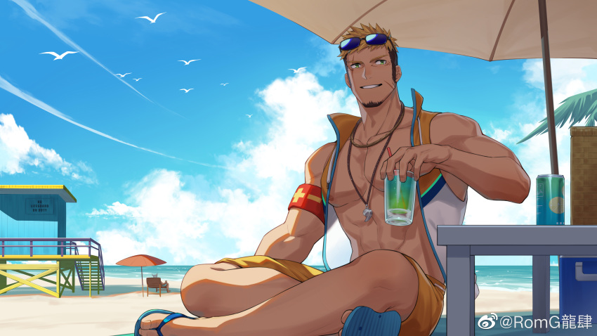 1boy 47 abs absurdres bara bare_arms bare_pectorals bare_shoulders beach blonde_hair brown_hair cloud cloudy_sky commission crossed_legs cup dark-skinned_male dark_skin ear_piercing eyewear_on_head facial_hair goatee highres holding holding_cup jacket large_pectorals lifeguard long_sideburns male_focus male_swimwear mature_male multicolored_hair muscular muscular_male nipples open_clothes open_jacket original pectorals piercing romg sandals scar scar_across_eye scar_on_cheek scar_on_face short_hair sideburns sky sleeveless sleeveless_jacket smile solo spiked_hair stomach sunglasses swim_trunks thick_eyebrows two-tone_hair undercut whistle whistle_around_neck yellow_male_swimwear
