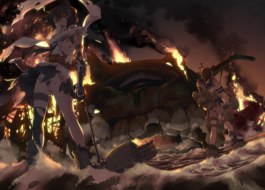 2girls ass black_legwear blood breasts brown_hair censored commentary_request destruction female_pubic_hair fire from_behind injury kantai_collection looking_at_viewer medium_breasts mosaic_censoring multiple_girls nipples pubic_hair pussy red_eyes scarf sendai_(kancolle) shirayuki_(kancolle) short_hair standing takemura_sessyu thighhighs torn_clothes torn_legwear torn_scarf white_scarf