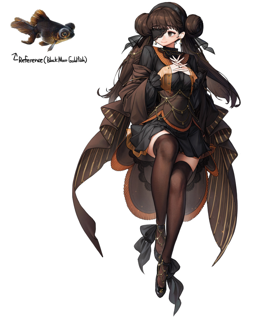 1girl absurdres black_eyes black_footwear black_hair black_legwear commentary double_bun earrings english_commentary eyepatch fish goldfish highres jewelry lace long_hair long_sleeves original own_hands_together personification ring rinotuna shoes simple_background smile solo thighhighs twintails white_background