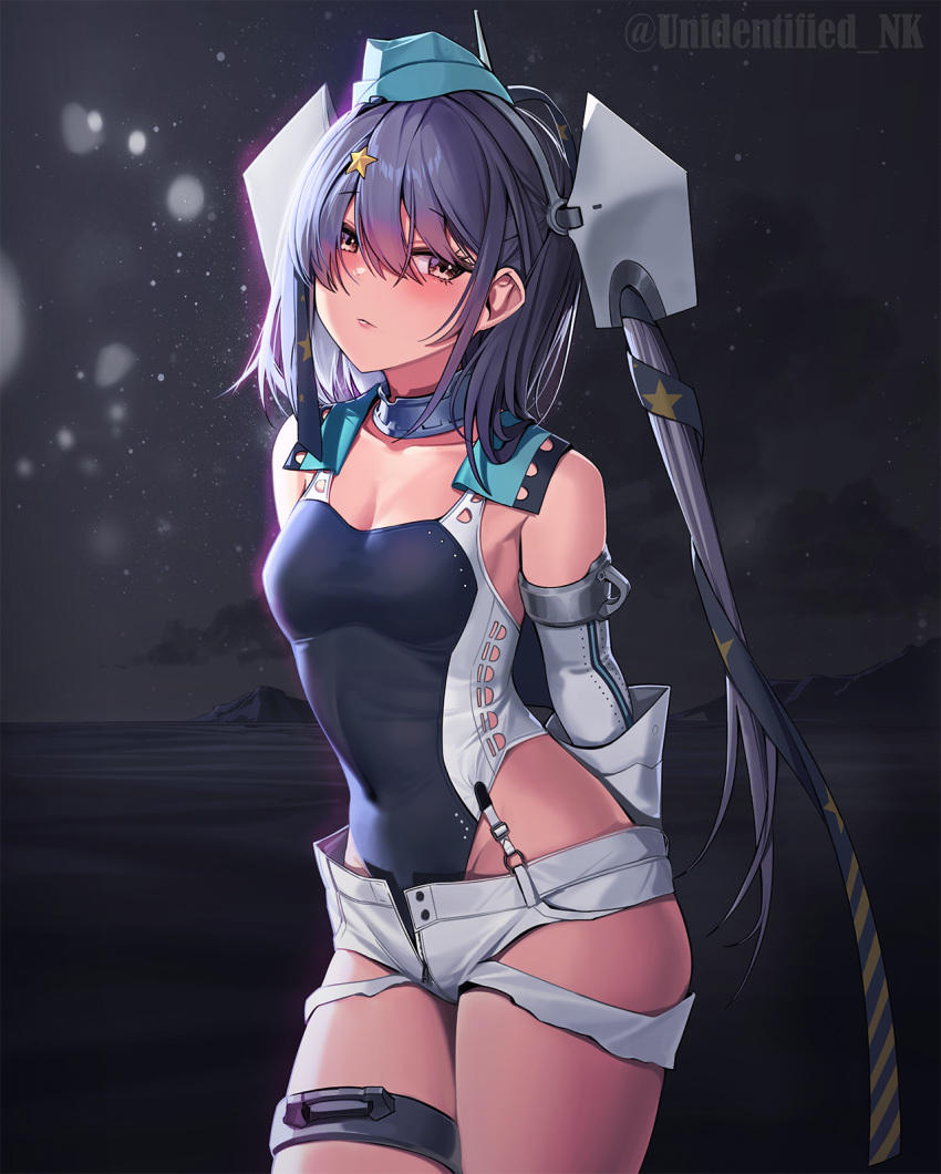 1girl aqua_headwear black_swimsuit blush breasts brown_eyes closed_mouth collarbone competition_swimsuit cowboy_shot eyebrows_visible_through_hair garrison_cap gloves grey_hair hair_between_eyes hair_ornament hat headgear highres kantai_collection long_hair md5_mismatch night ocean one-piece_swimsuit scamp_(kancolle) short_shorts shorts side_ponytail small_breasts solo star_(symbol) star_hair_ornament swimsuit twitter_username unidentified_nk white_gloves white_shorts