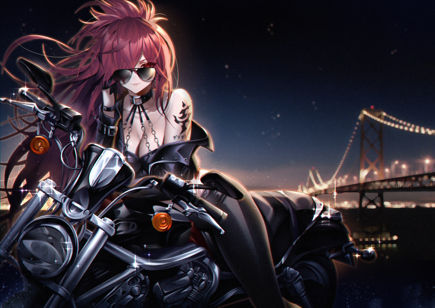 1girl absurdres adjusting_eyewear aviator_sunglasses been black-framed_eyewear black_gloves black_pants blurry blurry_background bracelet breasts bridge cleavage closed_mouth elesis_(elsword) elsword floating_hair gloves ground_vehicle hair_over_one_eye half_gloves highres jewelry large_breasts long_hair long_sleeves looking_at_viewer looking_over_eyewear motor_vehicle motorcycle night pants red_hair shoulder_tattoo smile solo sparkle sunglasses tattoo very_long_hair