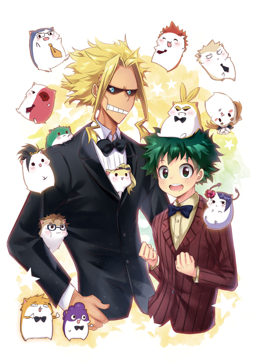 2boys all_might animal_on_head animalization bakugou_katsuki bangs black_bow black_bowtie black_hair black_jacket black_necktie blonde_hair blue_bow blue_bowtie boku_no_hero_academia bow bowtie brown_hair brown_shirt burn_scar clenched_hands collared_shirt colored_skin cropped_torso david_shield dress_shirt flower formal freckles green_hair grin hair_flower hair_ornament hamster highres iida_tenya jacket jirou_kyouka kaminari_denki kirishima_eijirou lliissaawwuu2 long_hair long_sleeves melissa_shield midoriya_izuku mineta_minoru multicolored_skin multiple_boys necktie on_head red_jacket scar shiny shiny_hair shirt sitting smile star_(symbol) striped striped_jacket teeth todoroki_shouto two-tone_skin uraraka_ochako white_background white_shirt yagi_toshinori yaoyorozu_momo