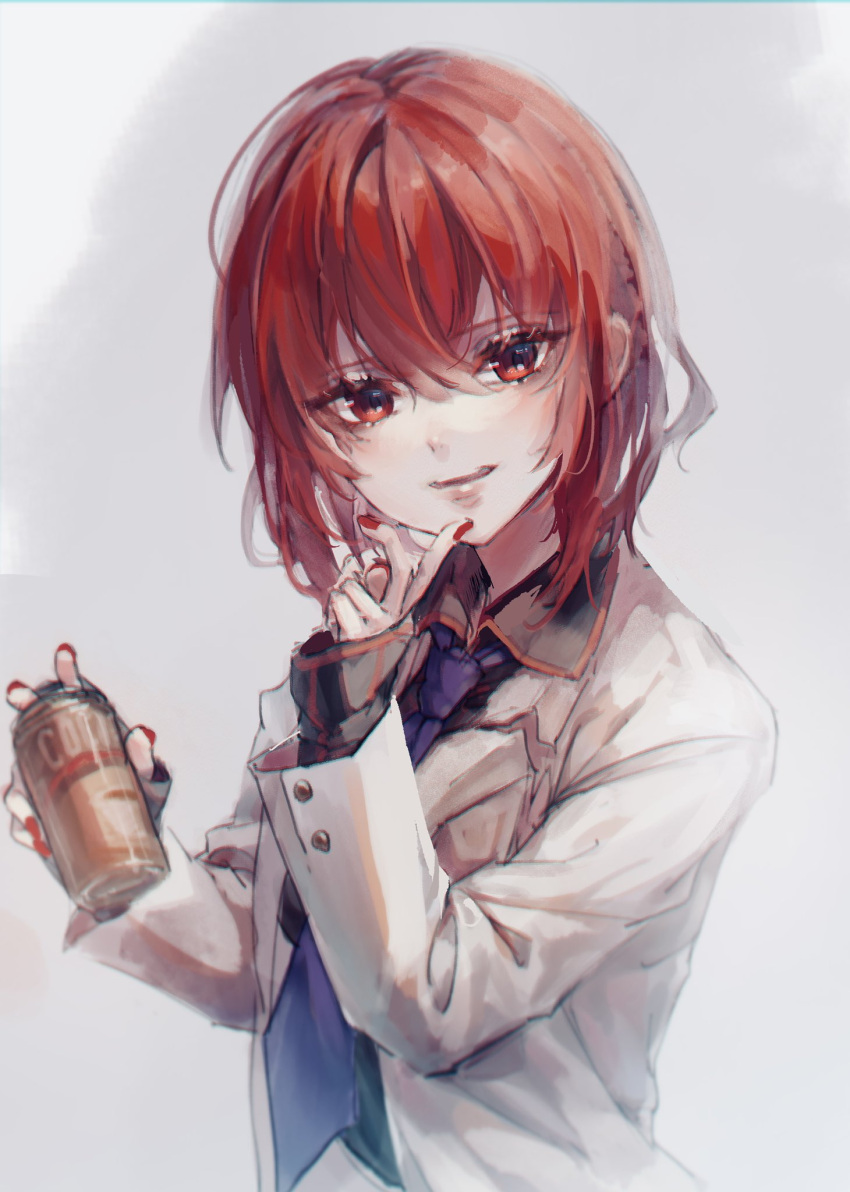 1girl bangs belt black_belt black_shirt breasts buttons can coffee collar collared_jacket collared_shirt drink english_text eyebrows_visible_through_hair eyes_visible_through_hair grey_background hair_between_eyes hand_on_own_face hands_up highres horikawa_raiko jacket long_sleeves looking_at_viewer medium_breasts necktie open_clothes open_jacket open_mouth plaid plaid_shirt purple_necktie red_eyes red_hair red_nails shirt shometsu-kei_no_teruru short_hair simple_background skirt smile solo standing teeth touhou white_jacket white_skirt white_sleeves